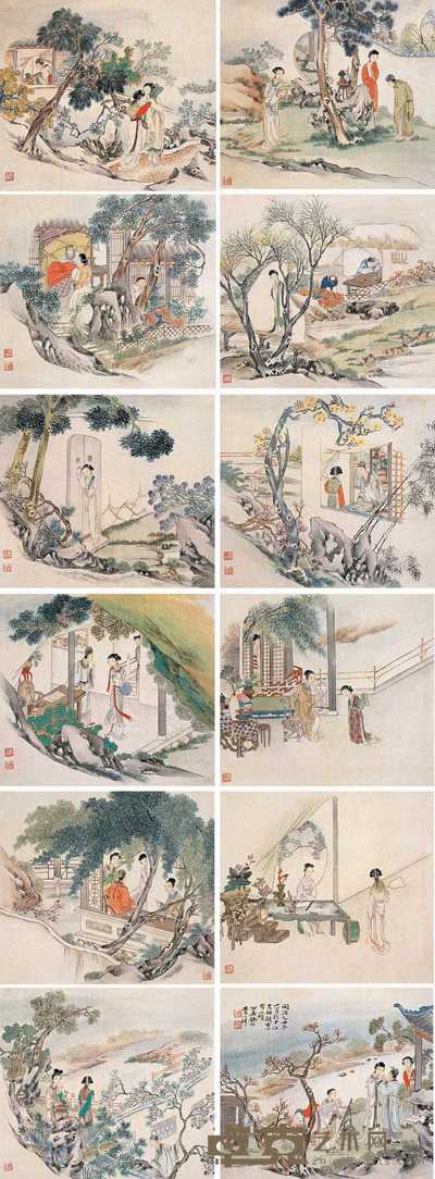 费以耕 1865年作 西厢记图 册页(十二开) 28.5×32cm×12